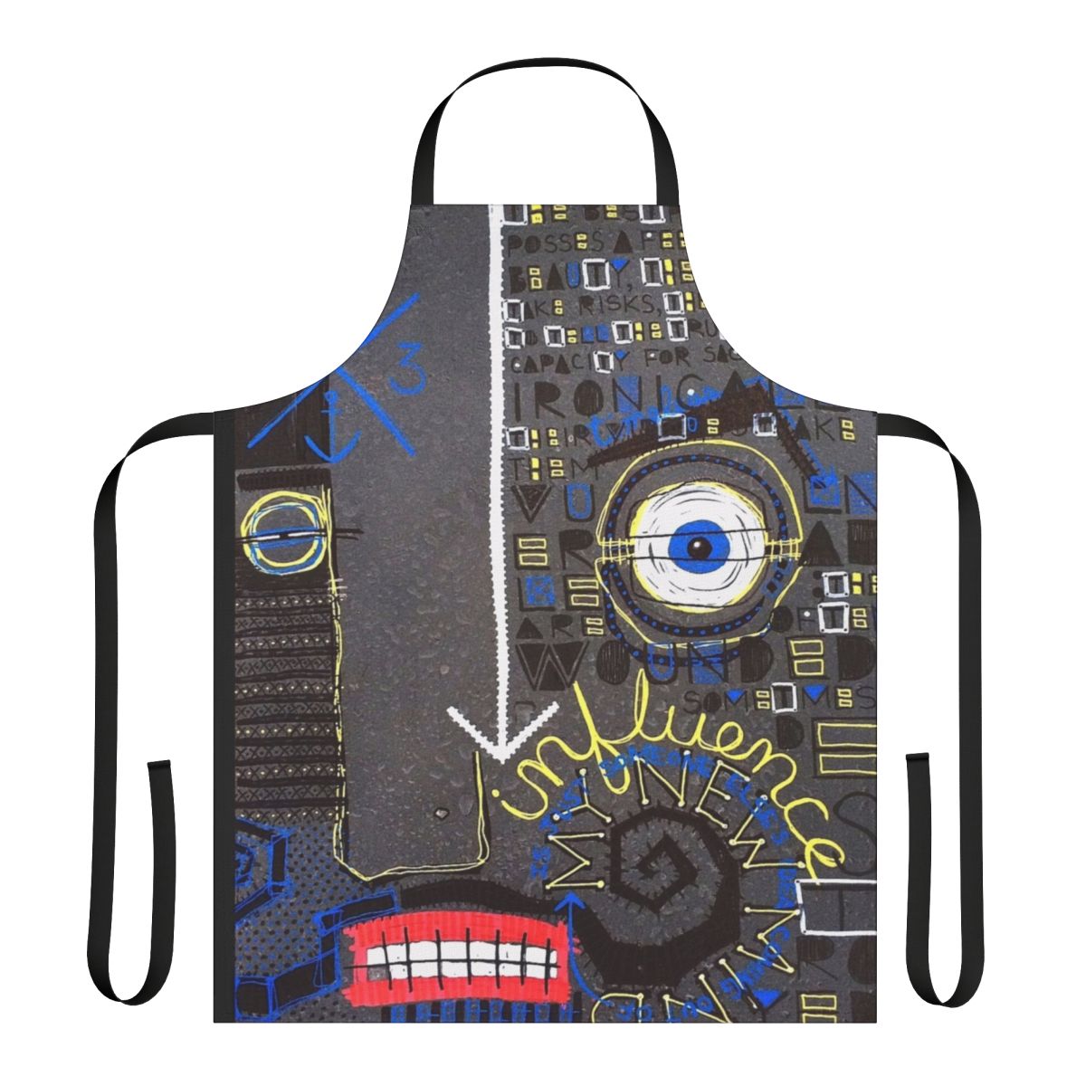Stylish abstract art apron with Basquiat-inspired design featuring words, face, and anchor
