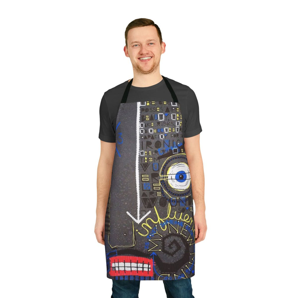 Stylish abstract art apron with Basquiat-inspired design featuring words, face, and anchor