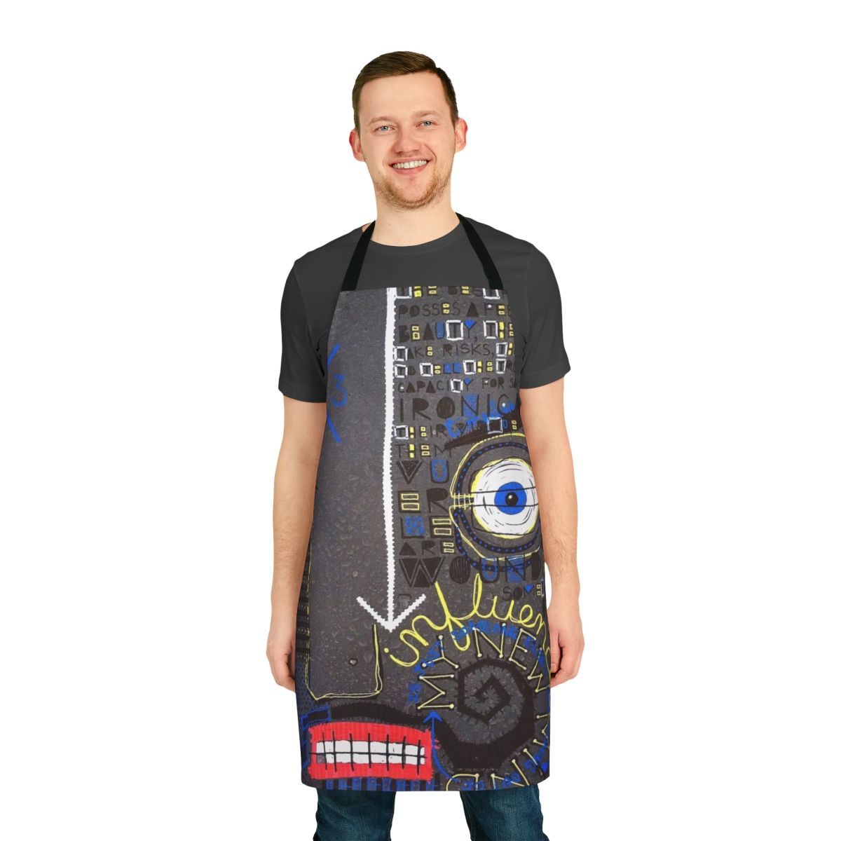 Stylish abstract art apron with Basquiat-inspired design featuring words, face, and anchor