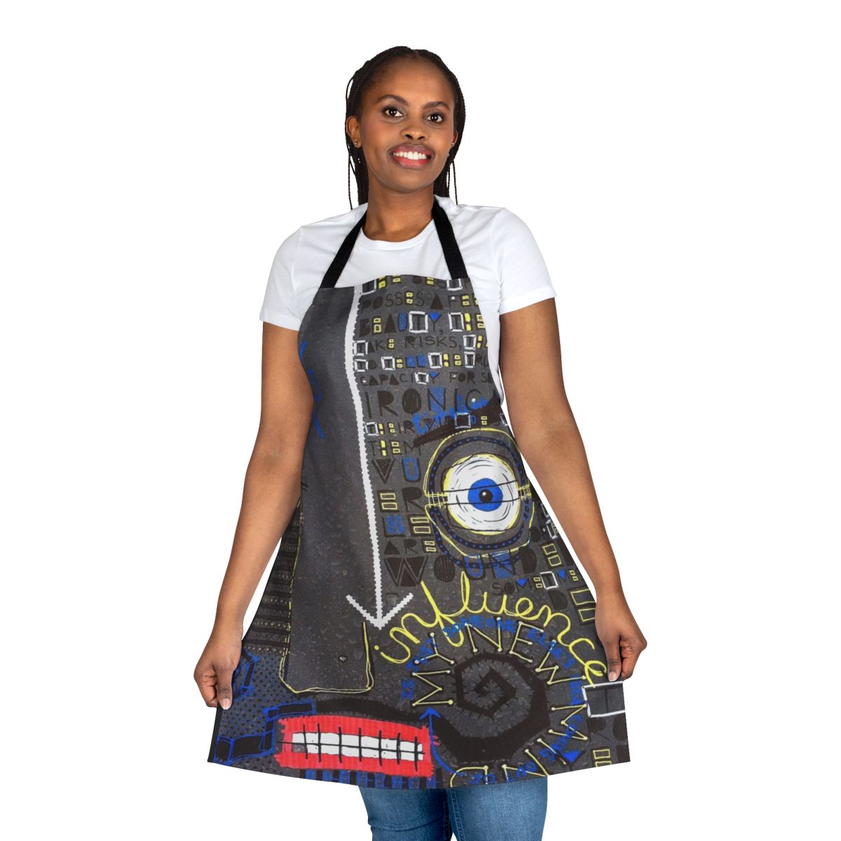 Stylish abstract art apron with Basquiat-inspired design featuring words, face, and anchor