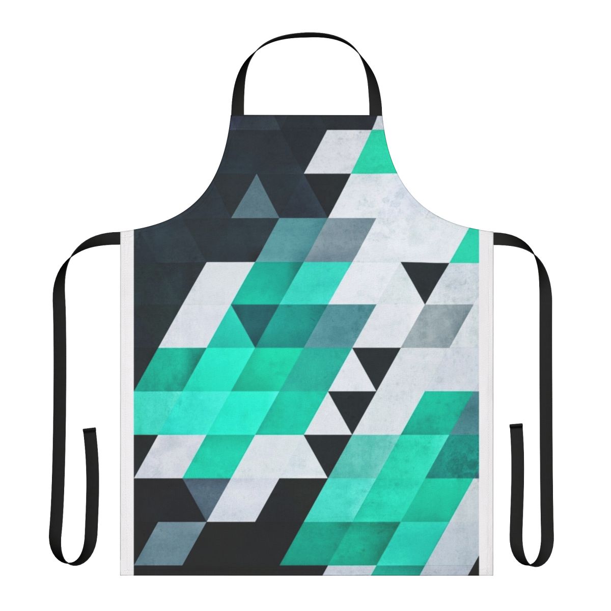 Teal, white, and black abstract geometric apron with an isometric design