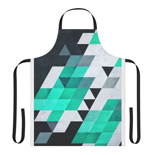 Teal, white, and black abstract geometric apron with an isometric design