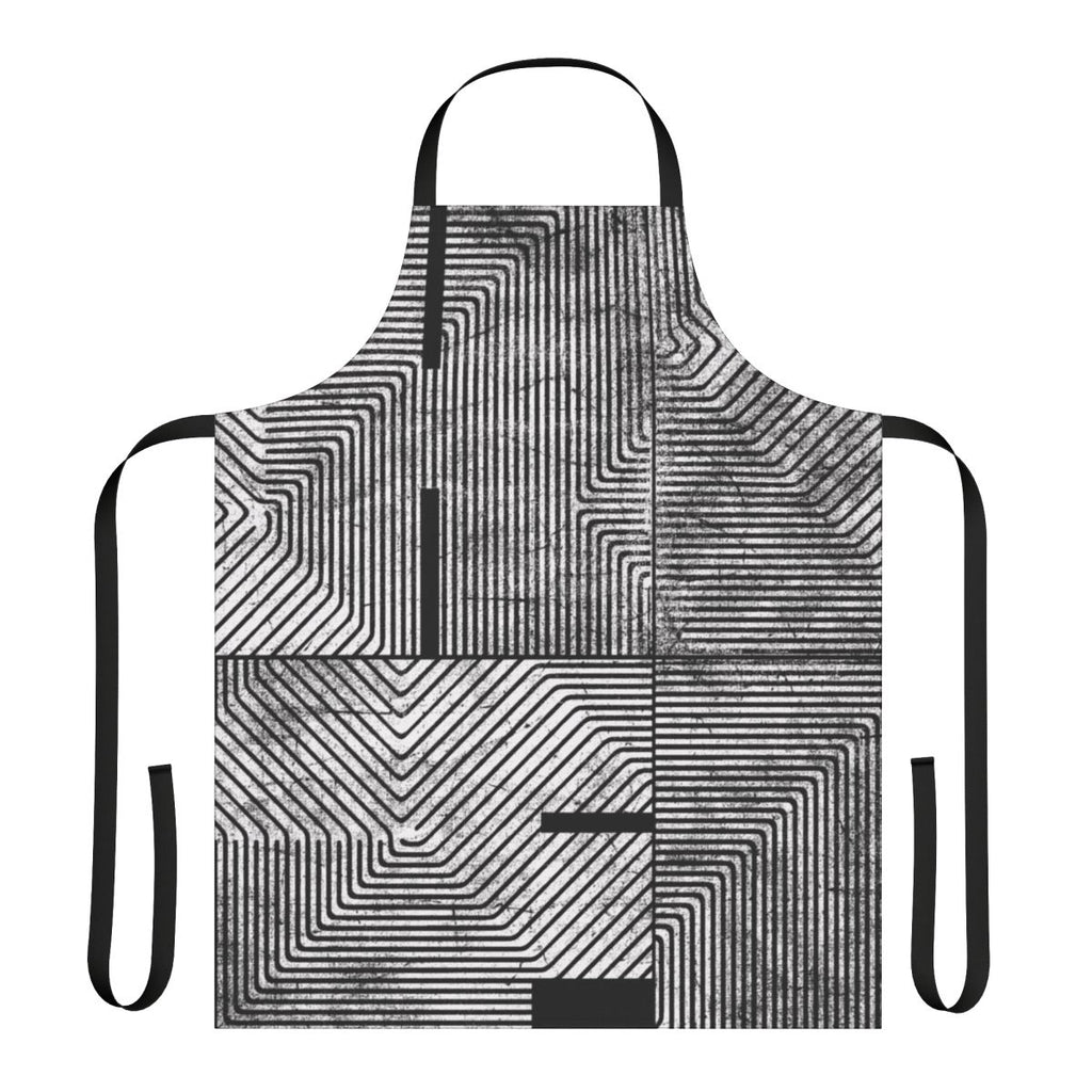 A black and white abstract geometric patterned apron, perfect for DJs, music fans, and party hosts.