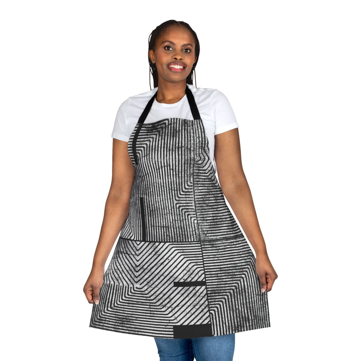 A black and white abstract geometric patterned apron, perfect for DJs, music fans, and party hosts.