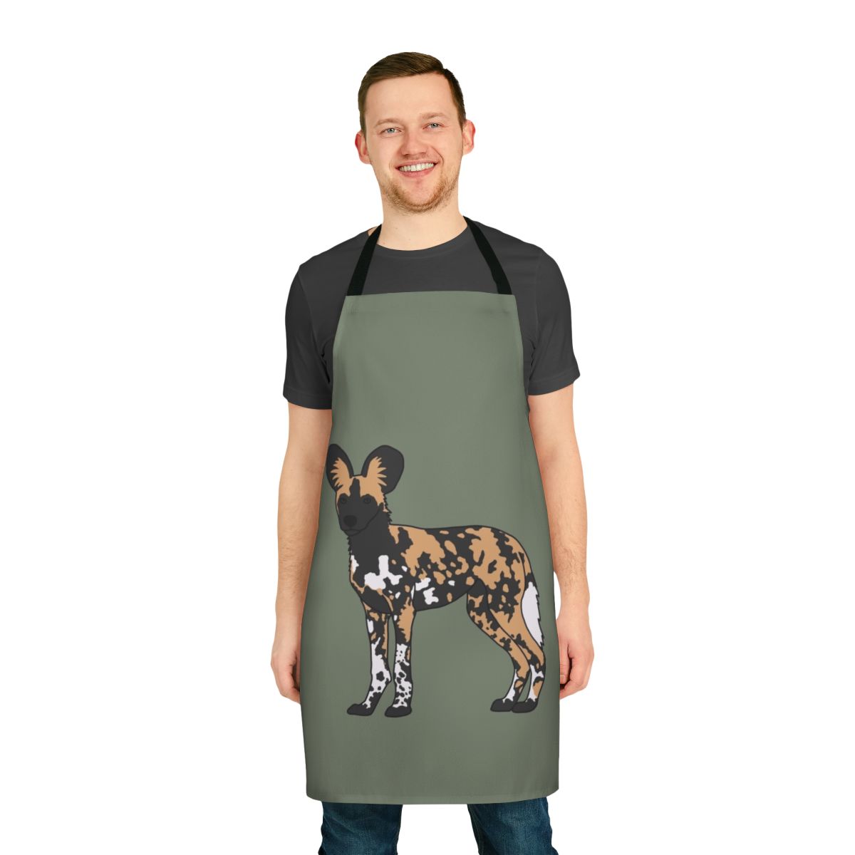 An apron featuring the striking and beautiful African Painted Dog, a unique canid species found in the savannas of Africa.