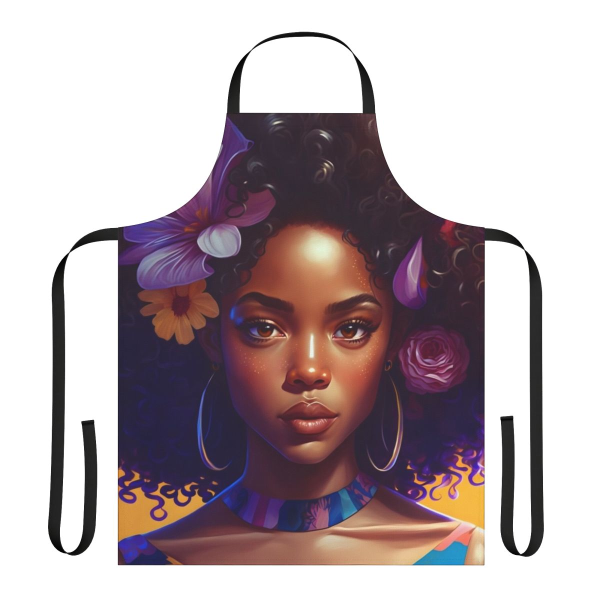 Afro-inspired apron with vibrant graphics featuring a beautiful black woman with natural hair
