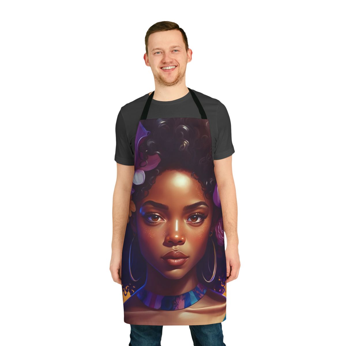 Afro-inspired apron with vibrant graphics featuring a beautiful black woman with natural hair