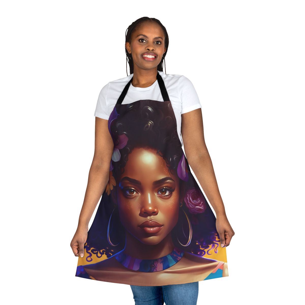 Afro-inspired apron with vibrant graphics featuring a beautiful black woman with natural hair