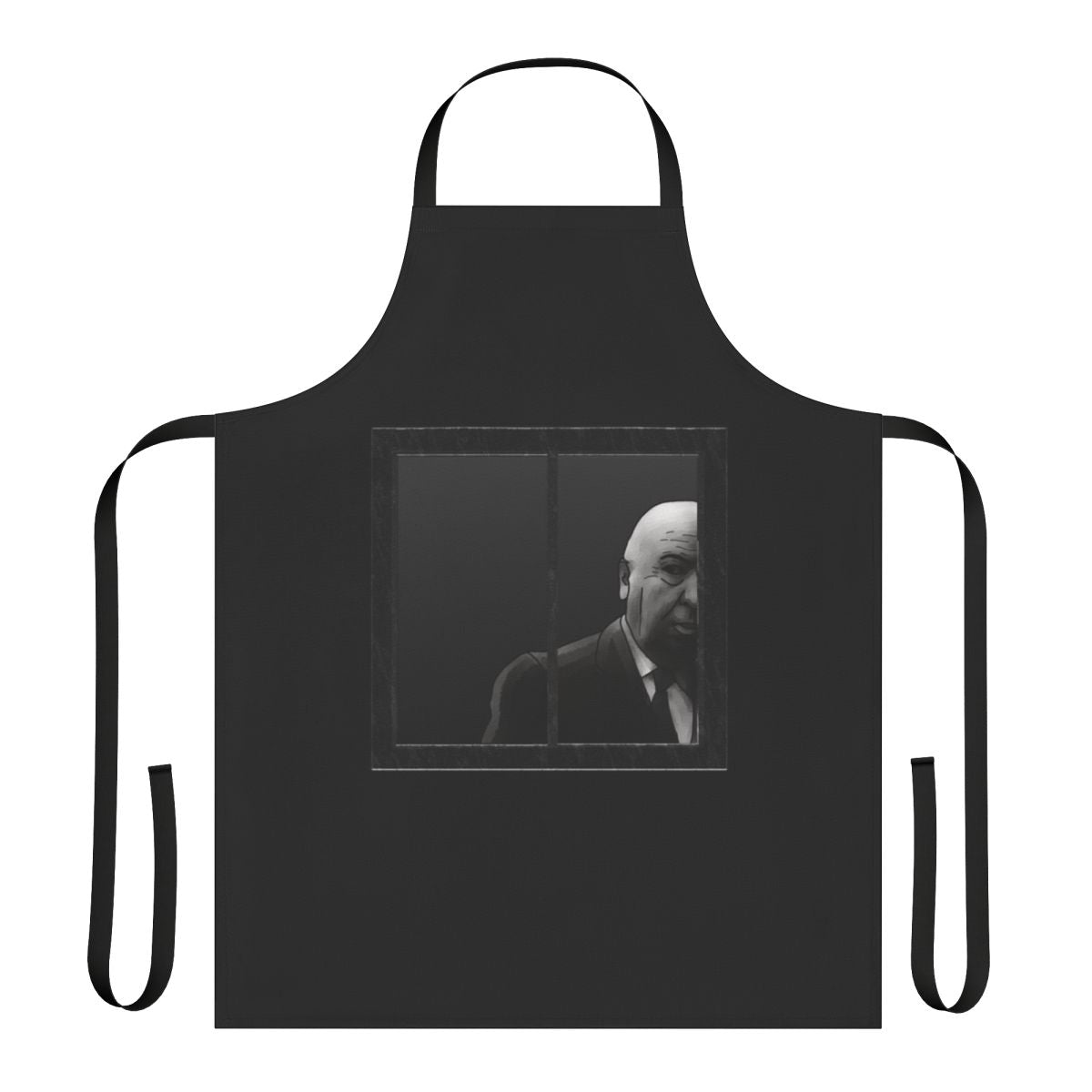 A black and white graphic apron featuring an illustration of the iconic director Alfred Hitchcock.