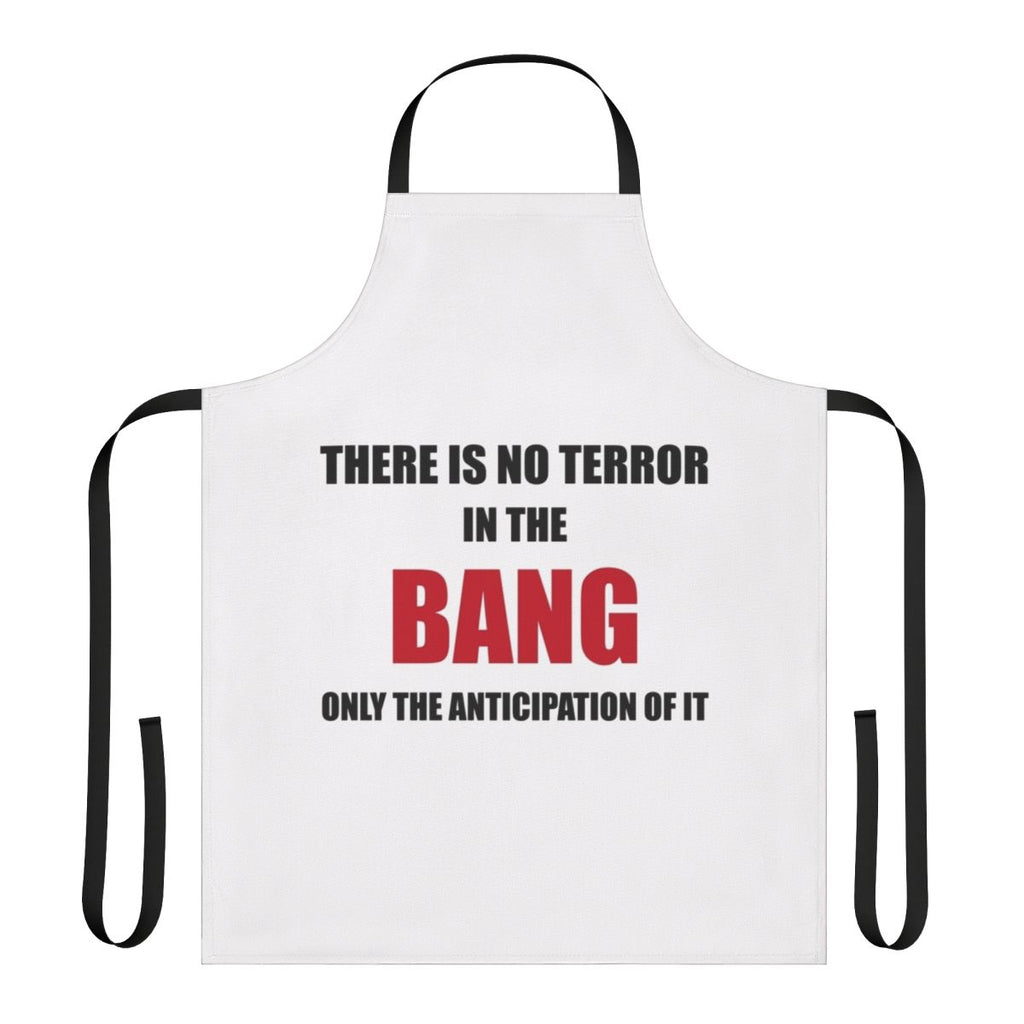 An apron featuring a quote from the iconic director Alfred Hitchcock