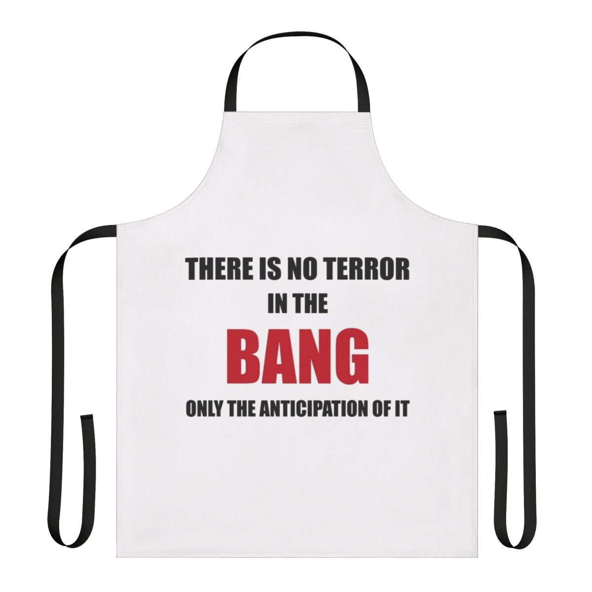An apron featuring a quote from the iconic director Alfred Hitchcock