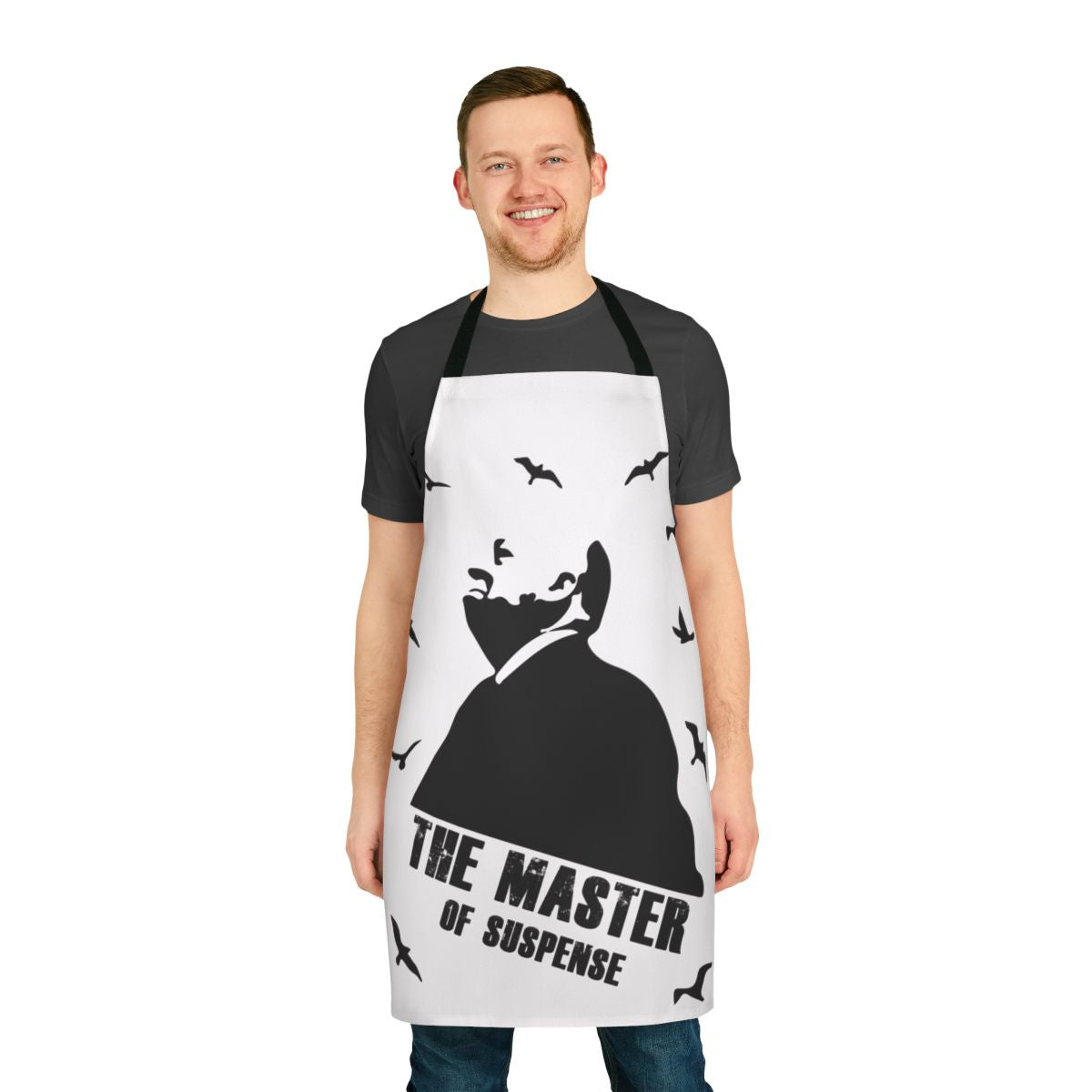 An apron featuring the iconic Alfred Hitchcock, the master of suspense.