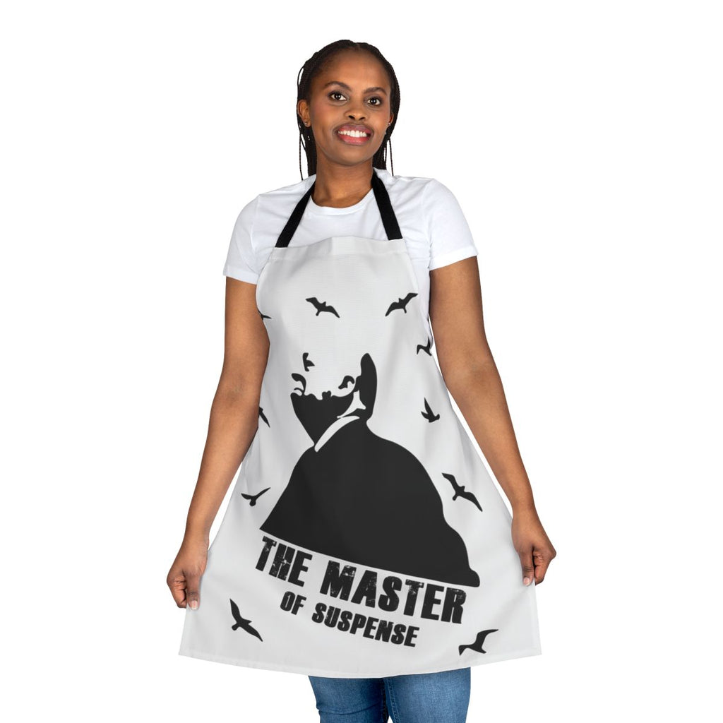 An apron featuring the iconic Alfred Hitchcock, the master of suspense.