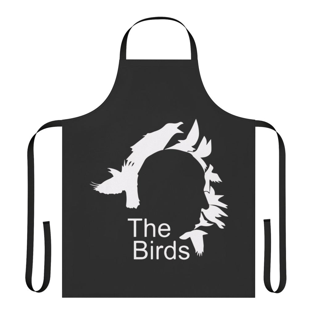 Retro-style apron featuring an illustration of iconic film director Alfred Hitchcock and his classic horror movie "The Birds"