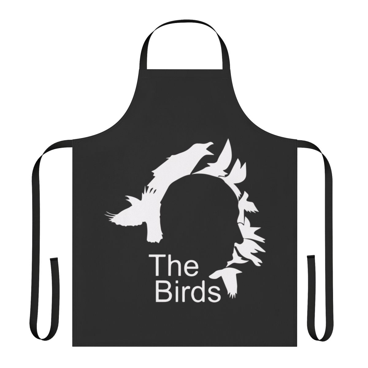 Retro-style apron featuring an illustration of iconic film director Alfred Hitchcock and his classic horror movie "The Birds"