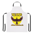An apron featuring a stylized portrait of Alfred Hitchcock, the legendary film director, and a nod to his classic horror movie "The Birds".