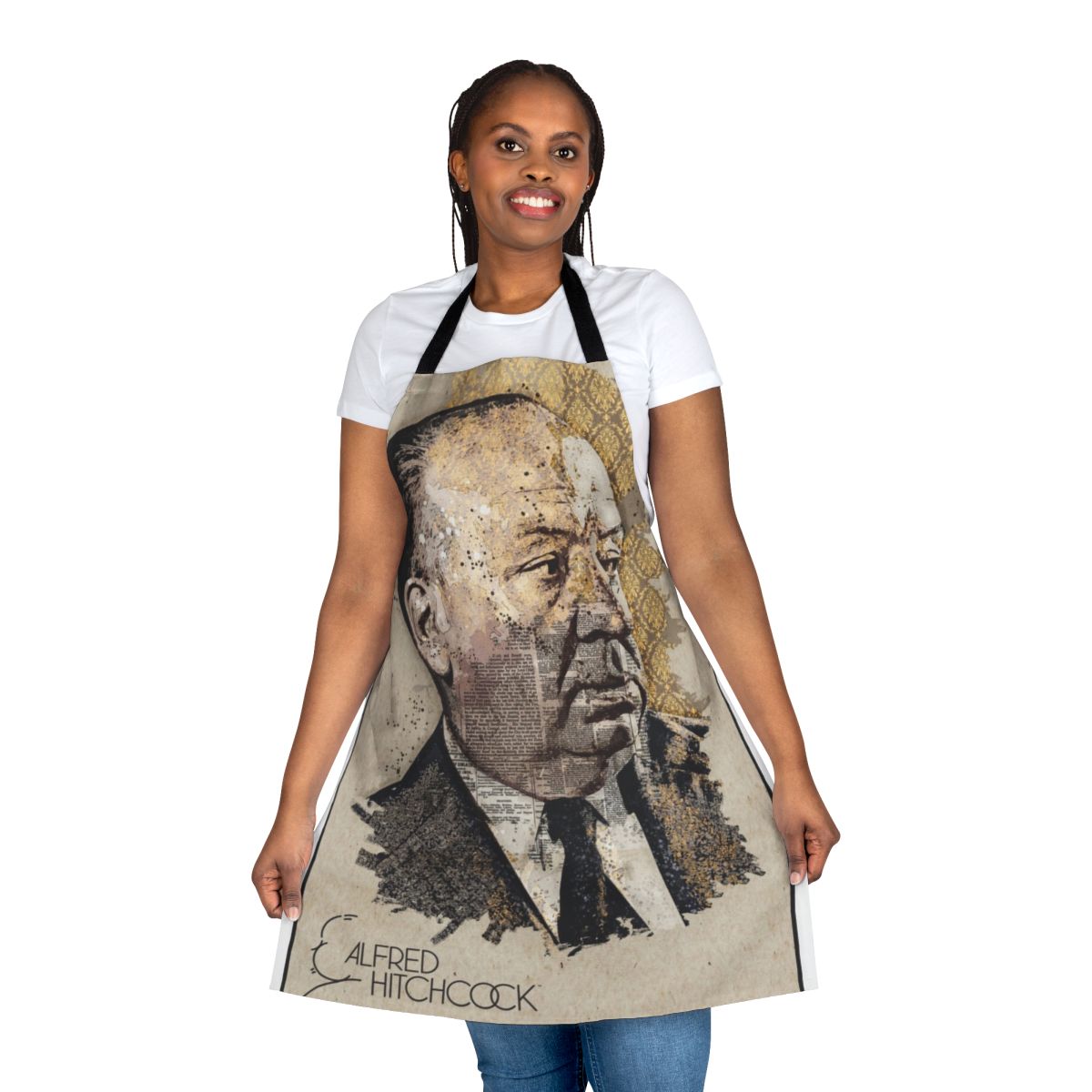Apron featuring a portrait design of famous movie director Alfred Hitchcock
