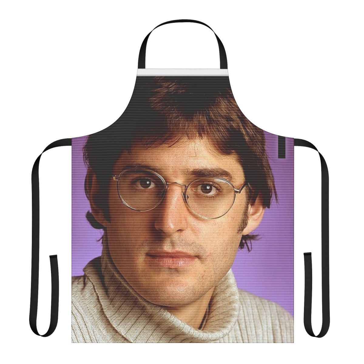 All-over print apron featuring a retro-inspired design inspired by the documentarian Louis Theroux