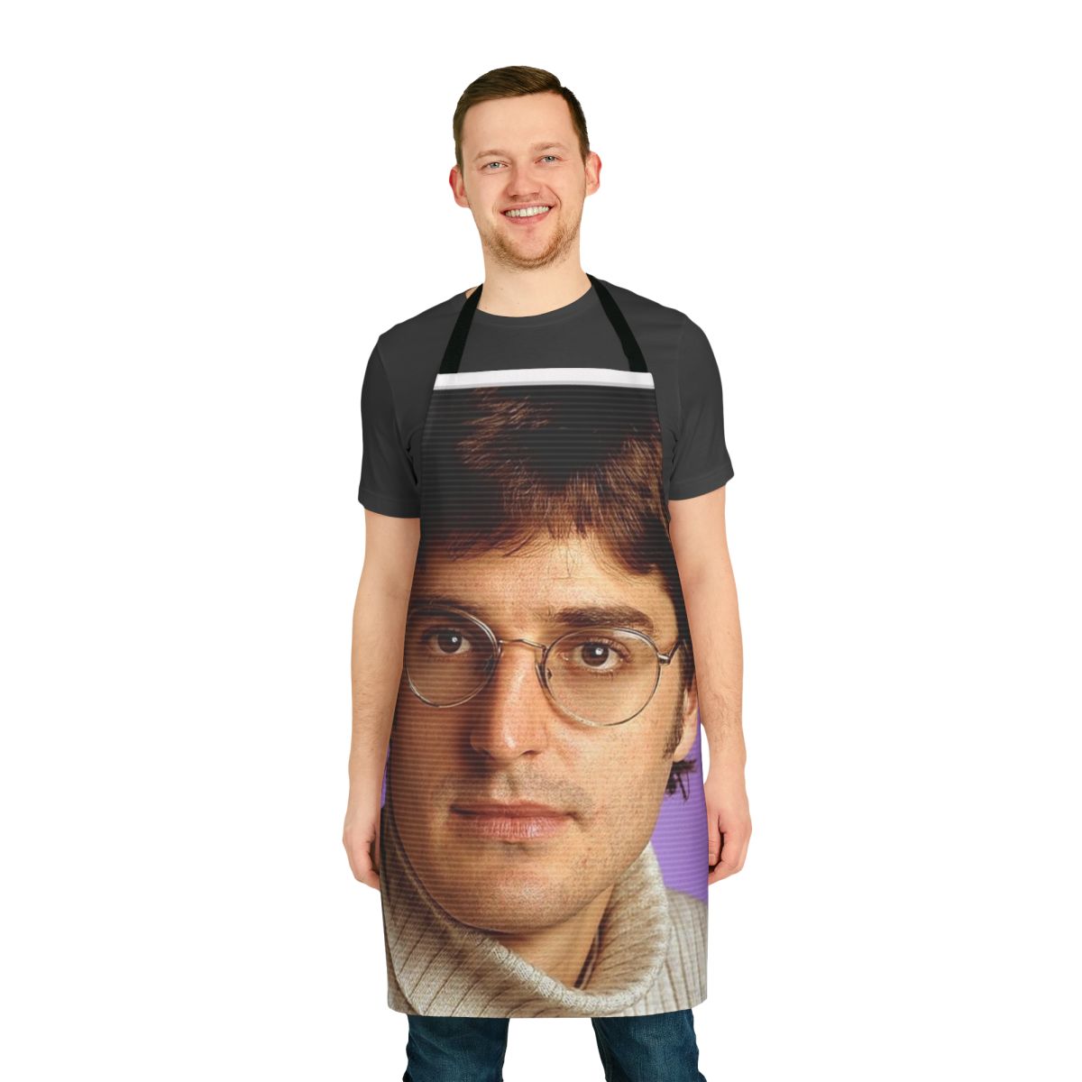 All-over print apron featuring a retro-inspired design inspired by the documentarian Louis Theroux