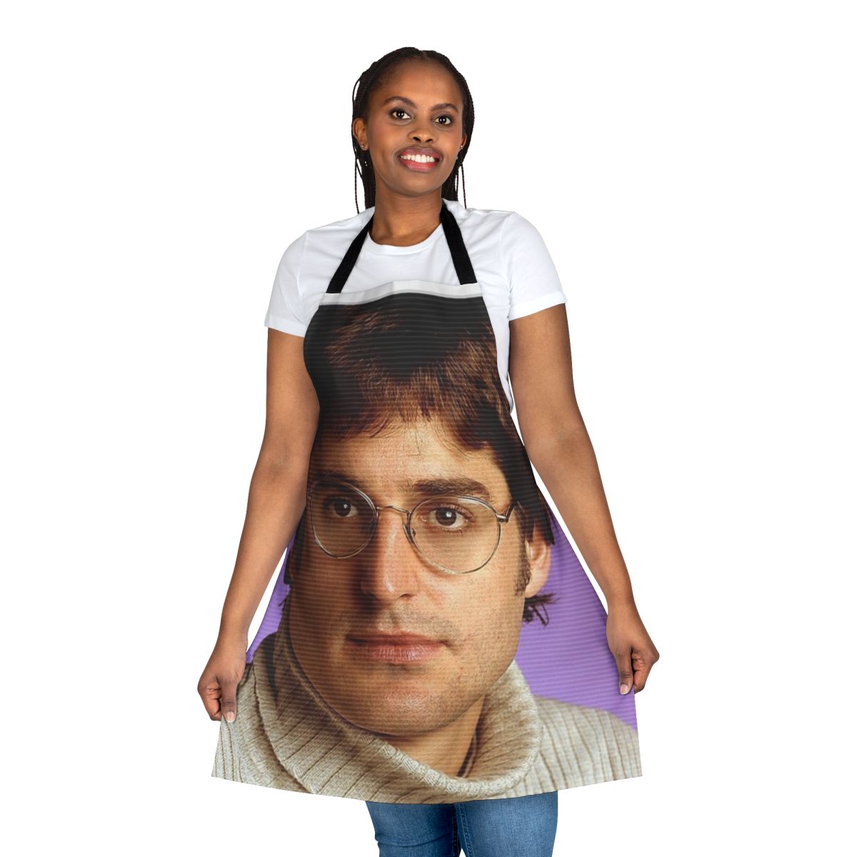 All-over print apron featuring a retro-inspired design inspired by the documentarian Louis Theroux