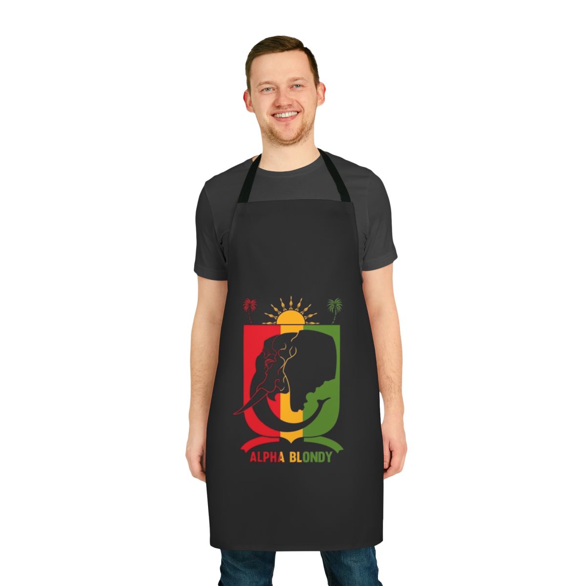 Stylish Alpha Blondy inspired apron with various music genre designs