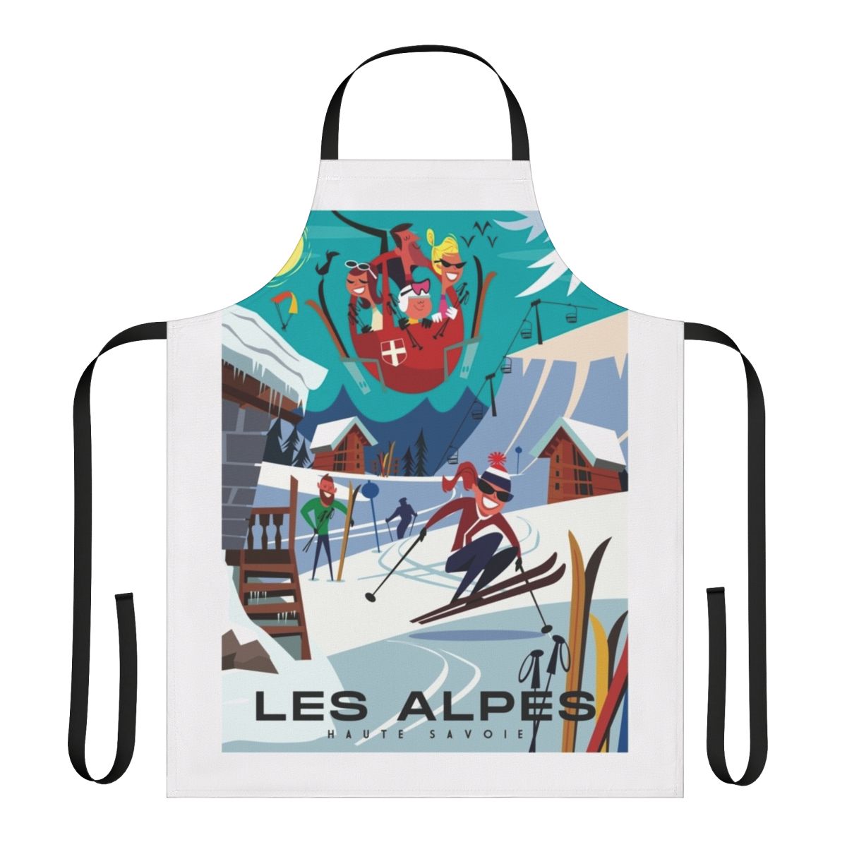 Stylish ski-themed apron featuring a vintage ski poster design of the French Alps mountains