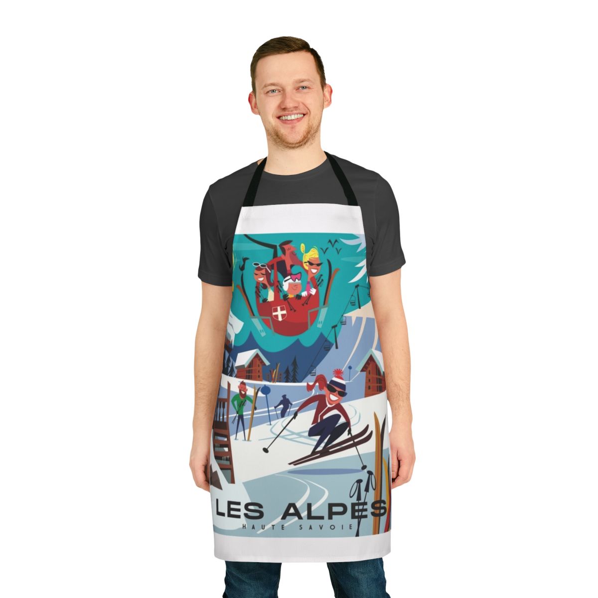 Stylish ski-themed apron featuring a vintage ski poster design of the French Alps mountains