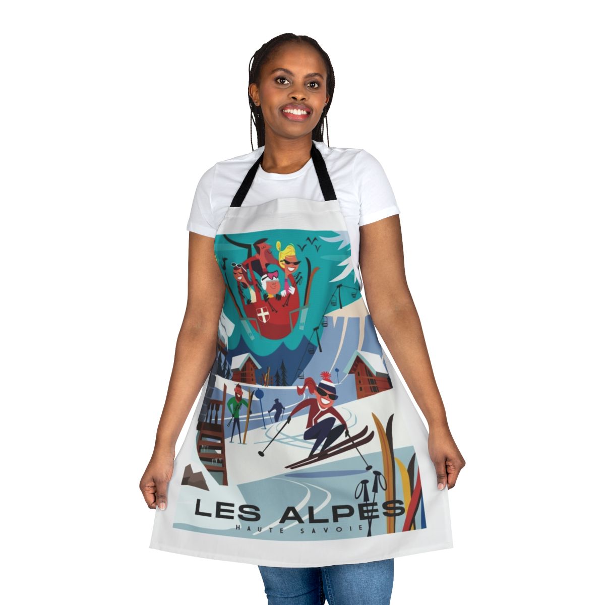 Stylish ski-themed apron featuring a vintage ski poster design of the French Alps mountains