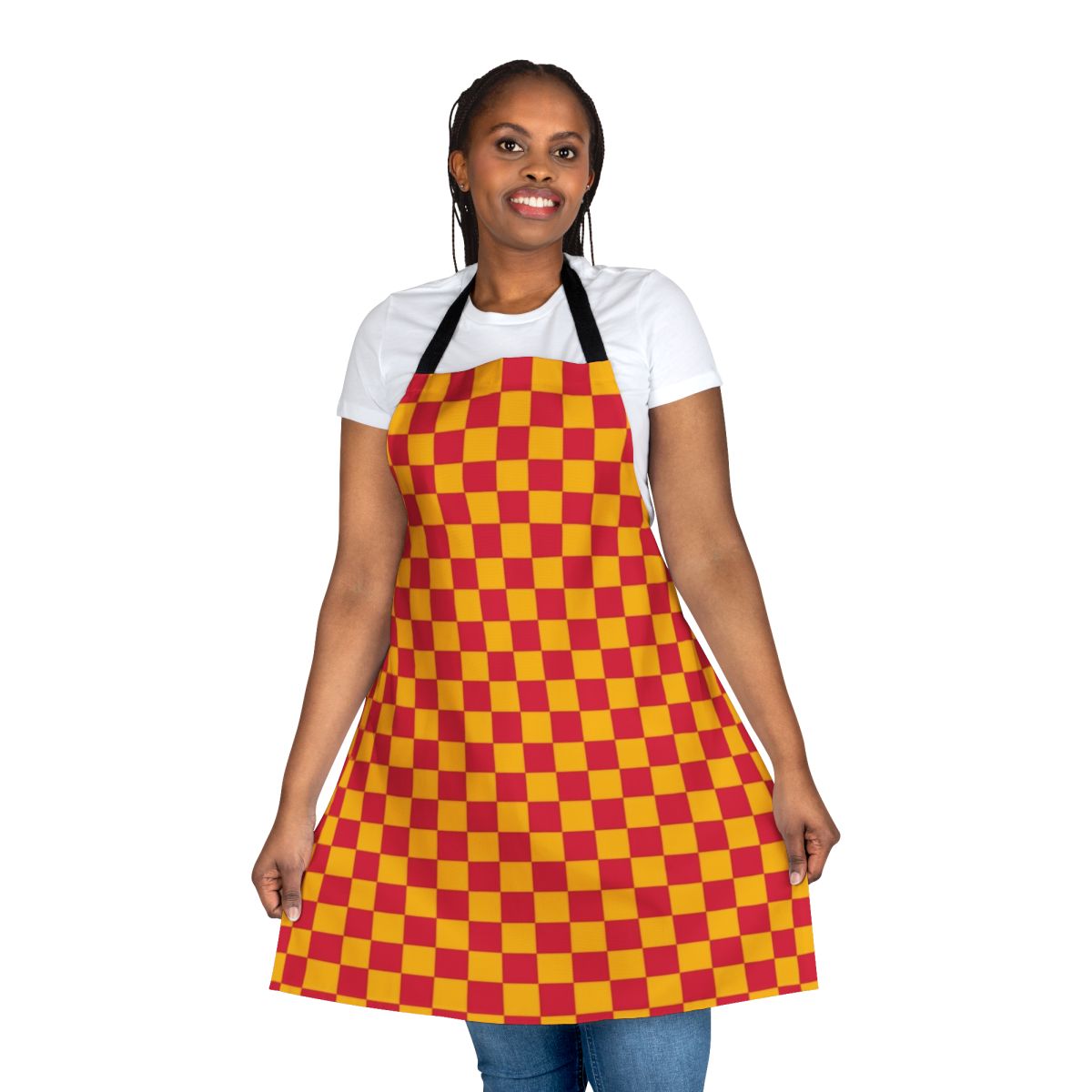 Amber orange and crimson red checkered pattern apron