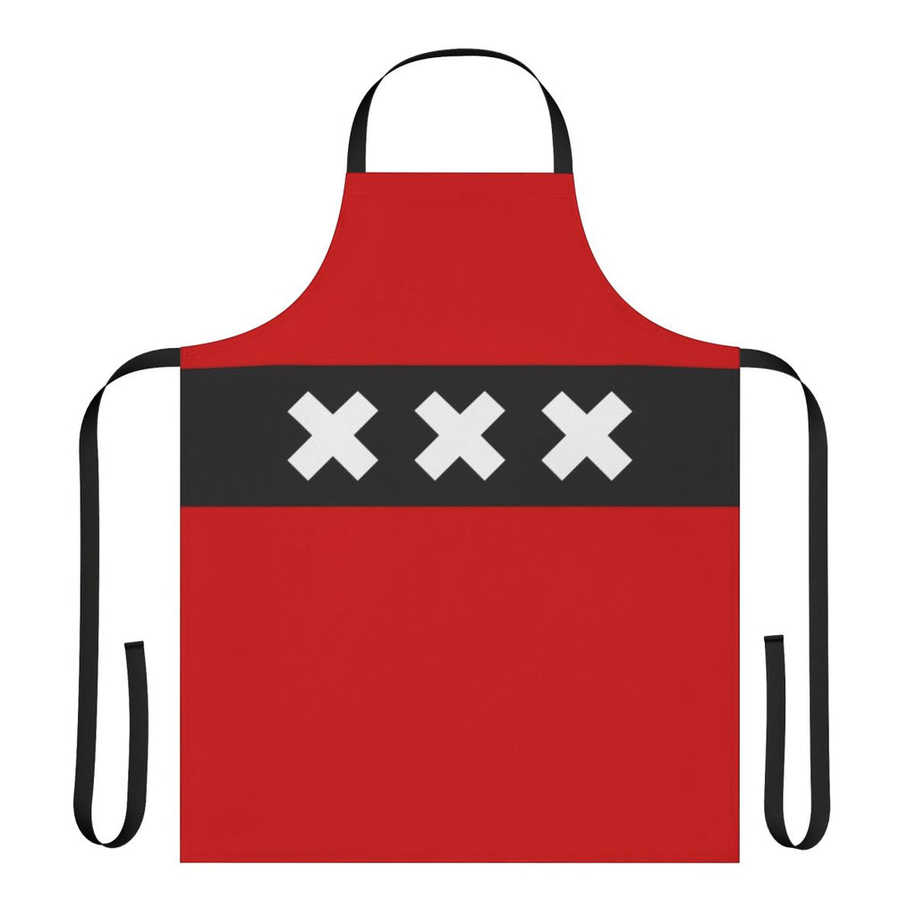 Vibrant Amsterdam-themed apron with XXX logo and city landmark designs