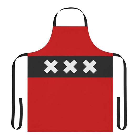 Vibrant Amsterdam-themed apron with XXX logo and city landmark designs