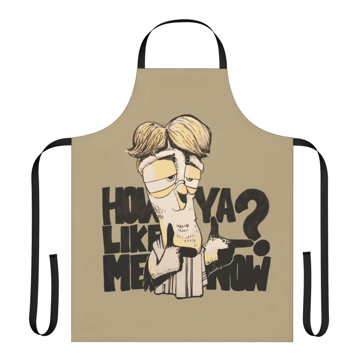 Whimsical illustration of birds and text on a high-quality apron