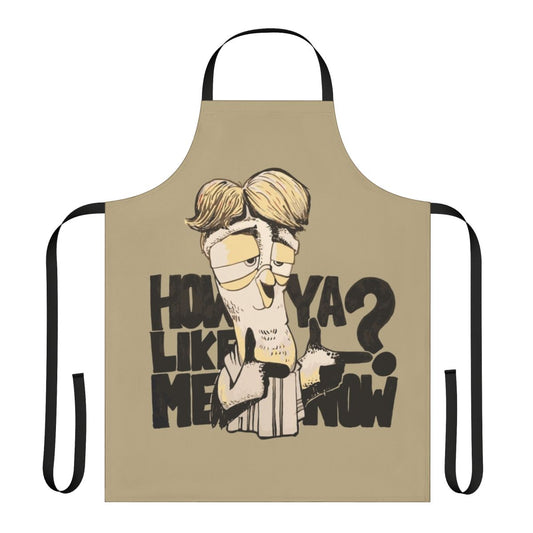 Whimsical illustration of birds and text on a high-quality apron
