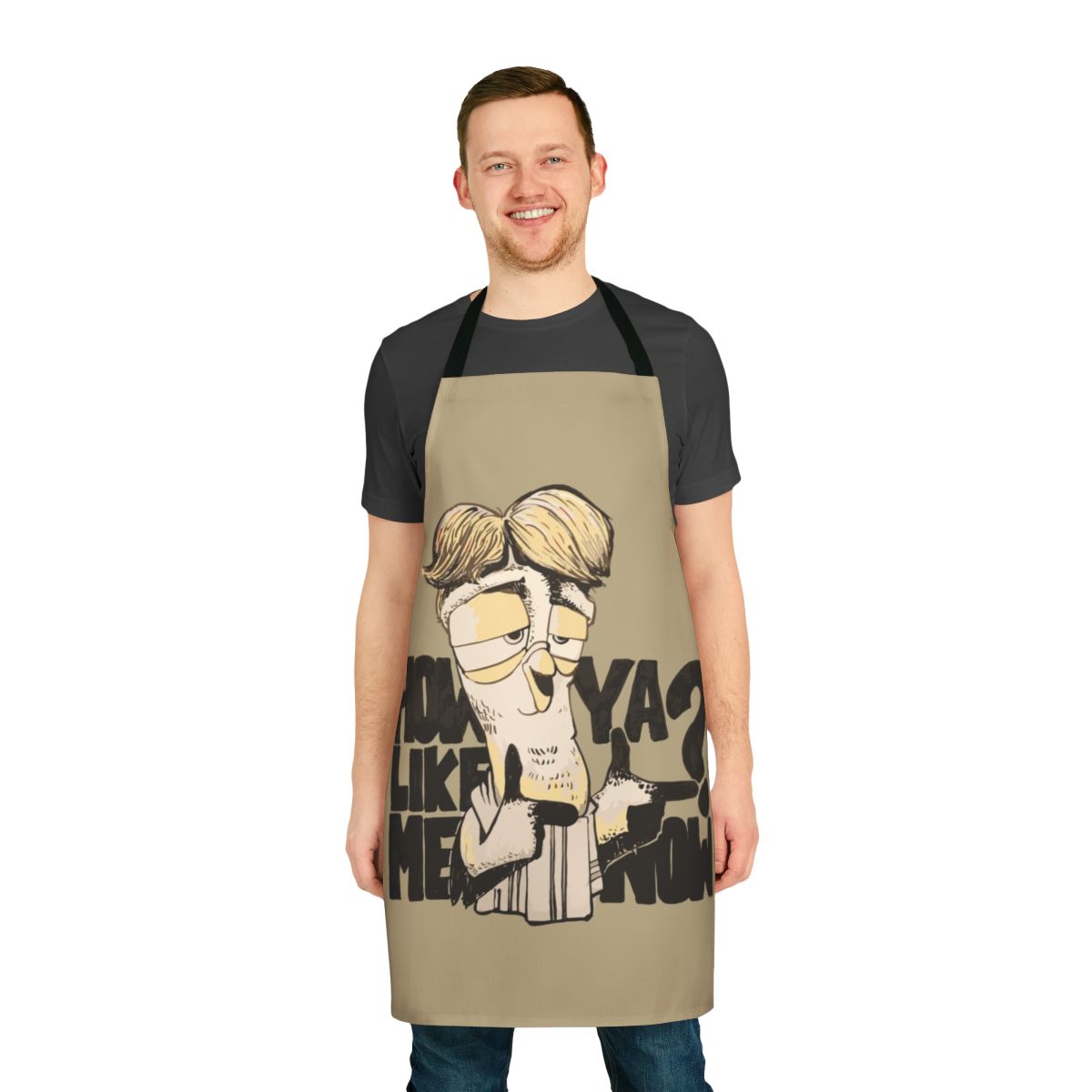Whimsical illustration of birds and text on a high-quality apron