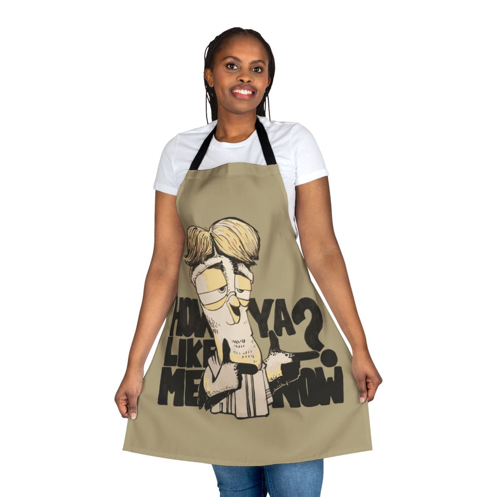 Whimsical illustration of birds and text on a high-quality apron