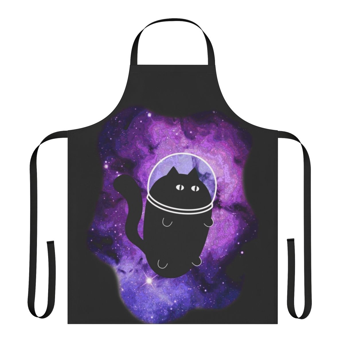 A blue and purple apron with a cartoon cat astronaut design, perfect for space-themed kitchens.