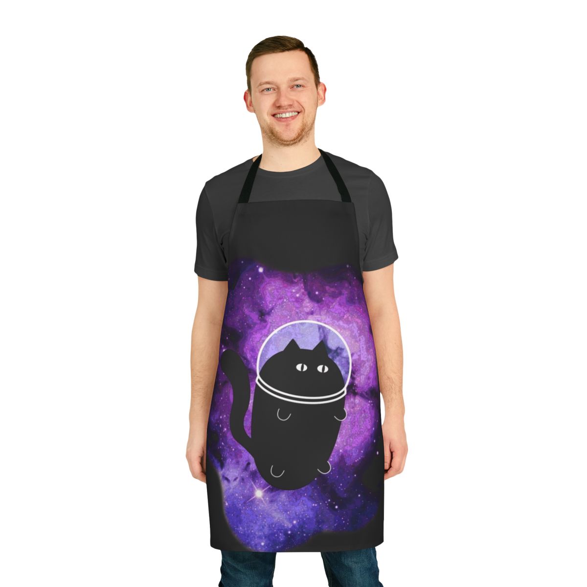 A blue and purple apron with a cartoon cat astronaut design, perfect for space-themed kitchens.