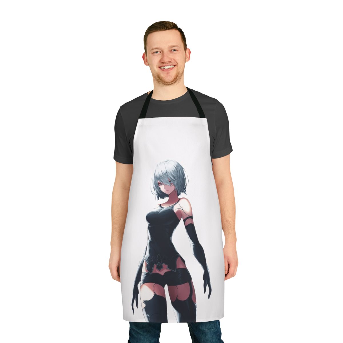 An image of a high-quality apron featuring the Yorha Type A No 2 android design from the video game Nier Automata.