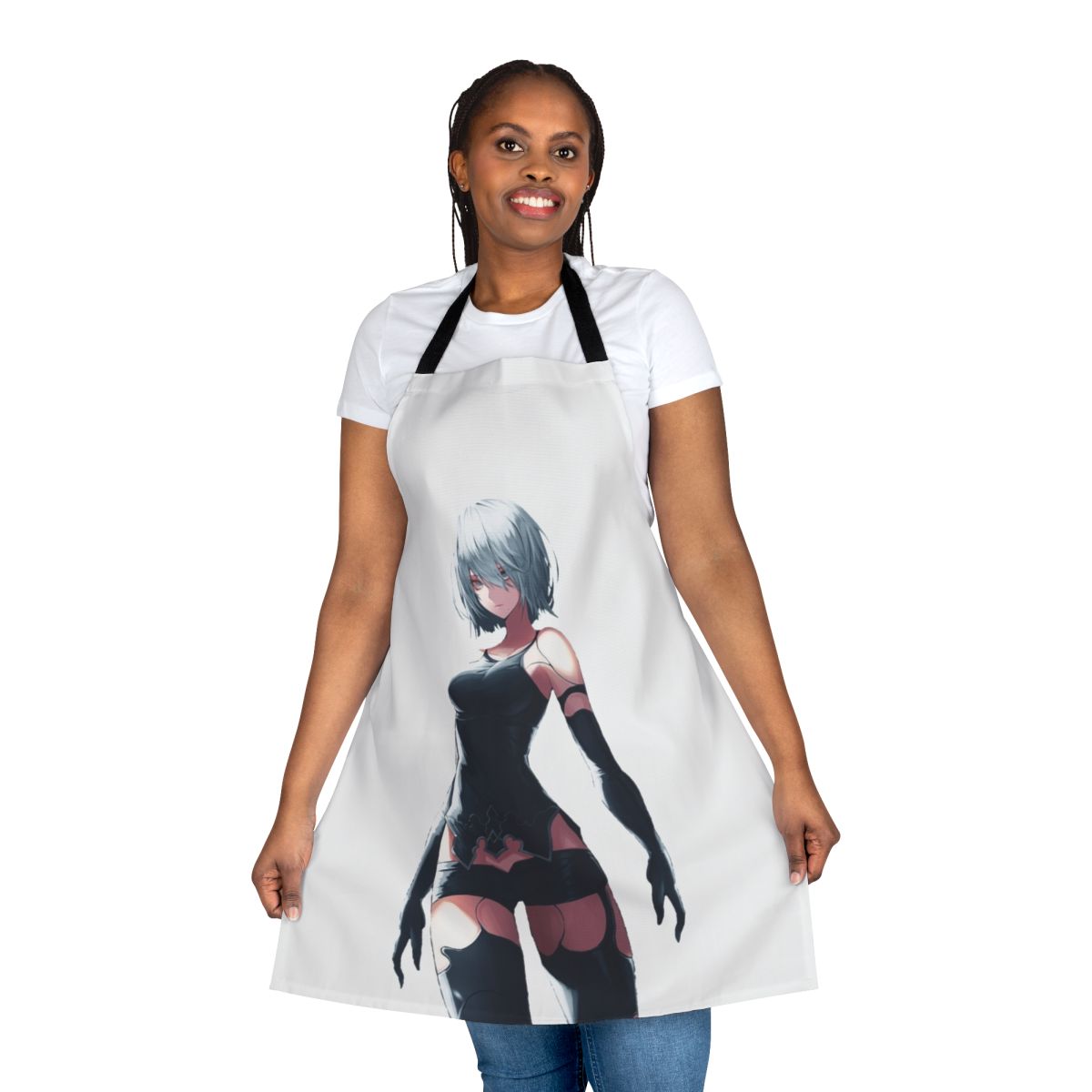 An image of a high-quality apron featuring the Yorha Type A No 2 android design from the video game Nier Automata.
