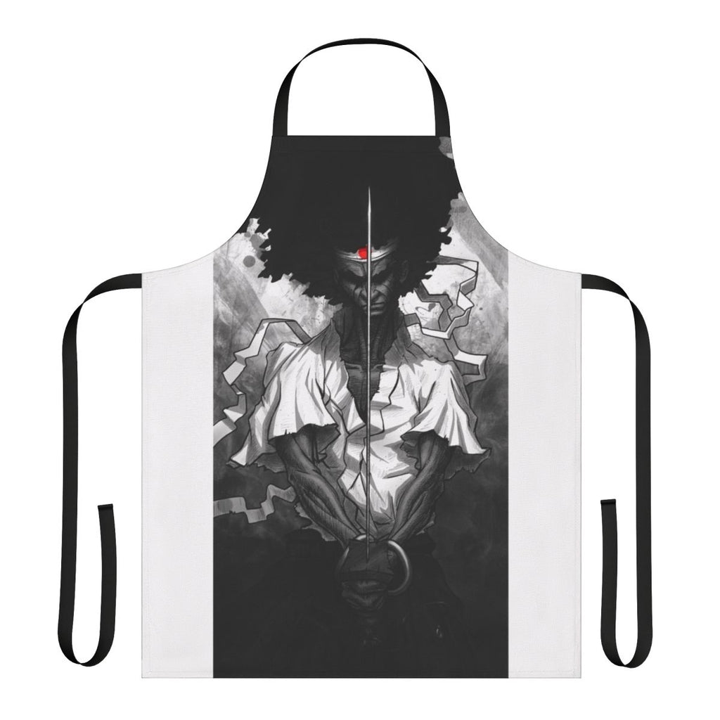 Graphic illustration of an anime-style afro samurai character on a black apron