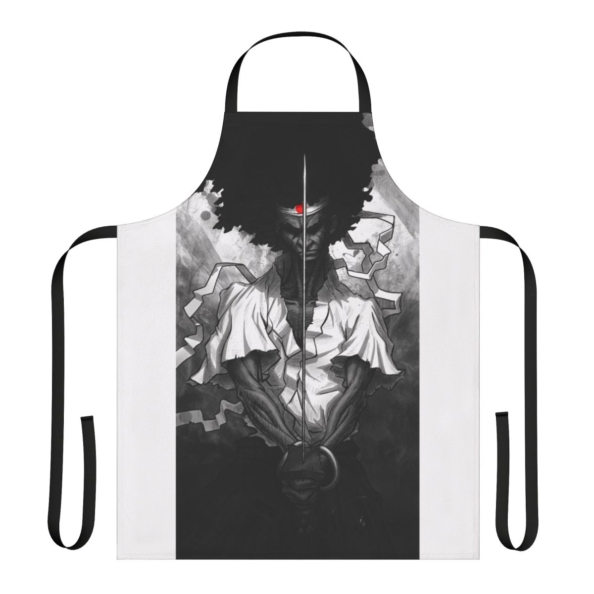 Graphic illustration of an anime-style afro samurai character on a black apron