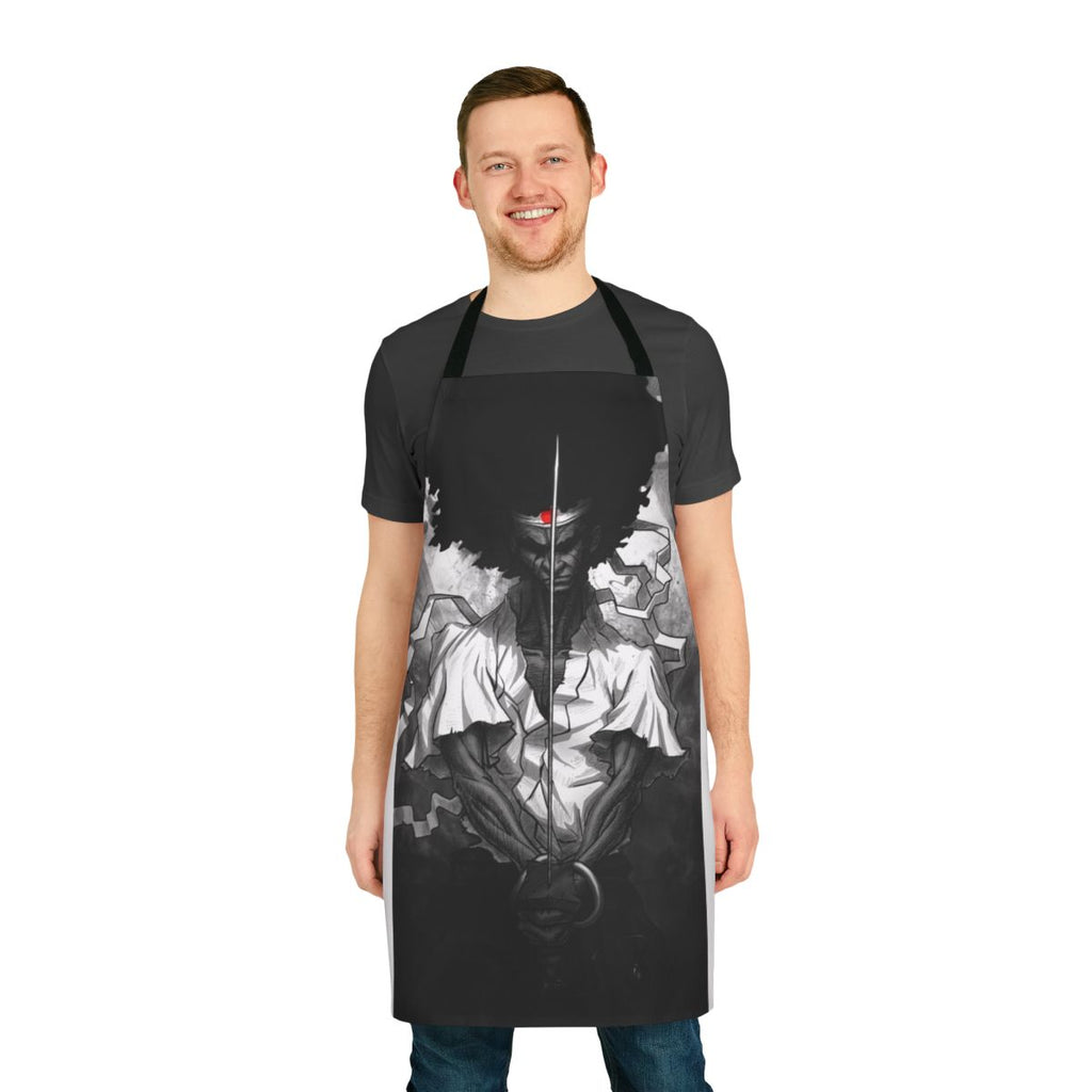 Graphic illustration of an anime-style afro samurai character on a black apron