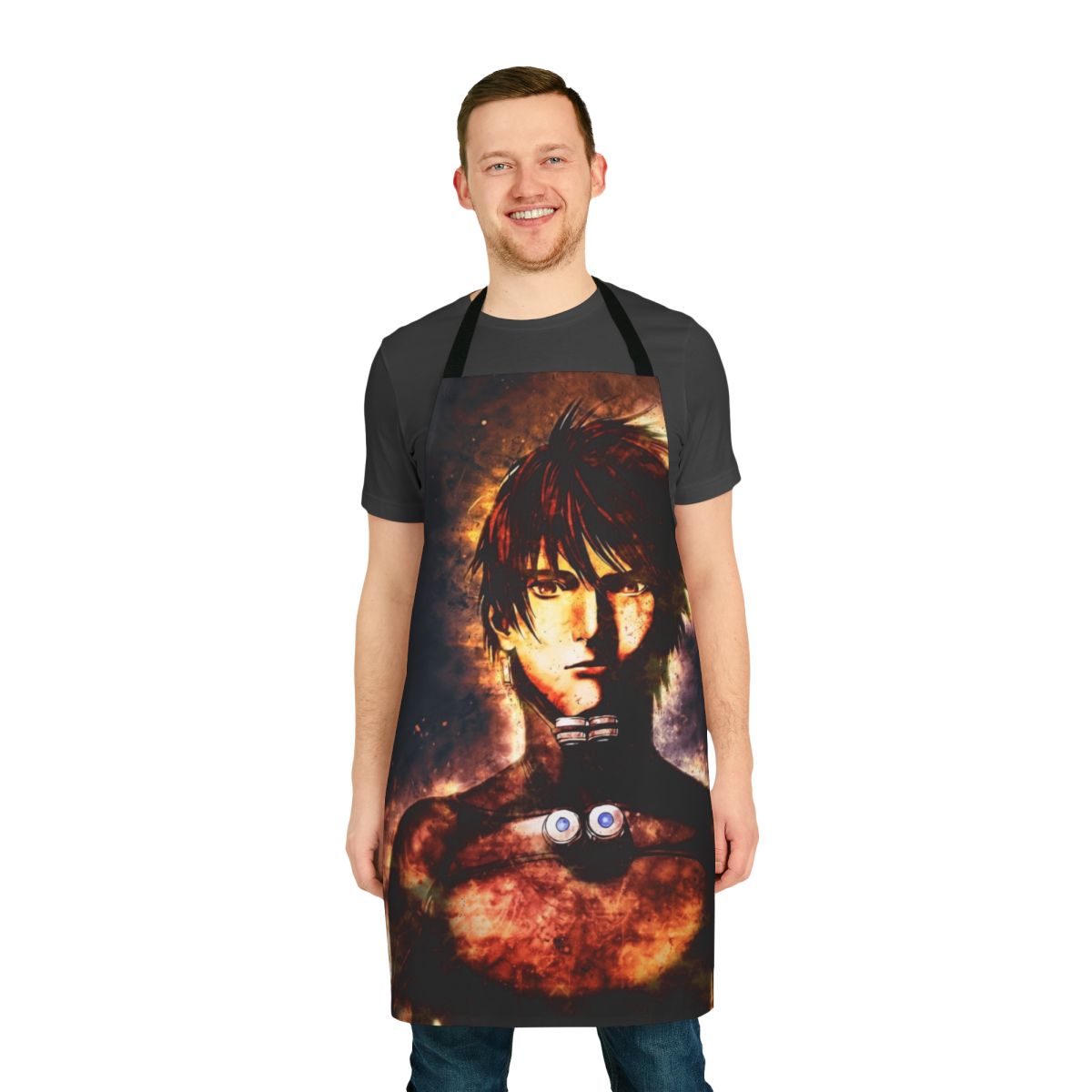 Kei Kurono Gantz-themed apron with manga and anime character designs