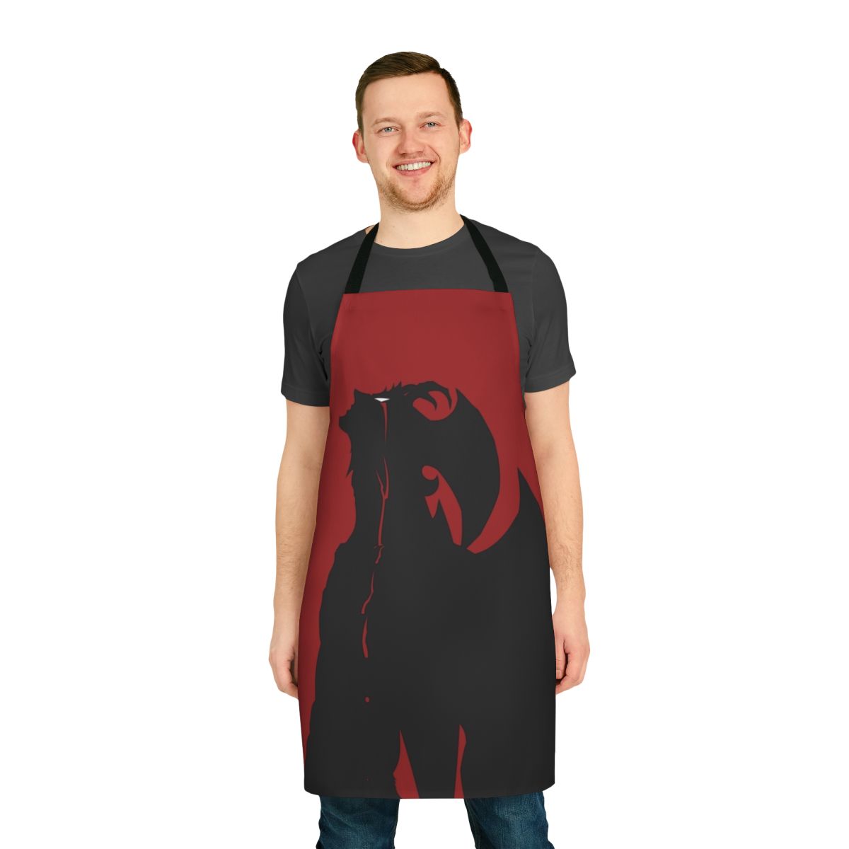 Devilman Crybaby-themed apron in bold red and black color scheme