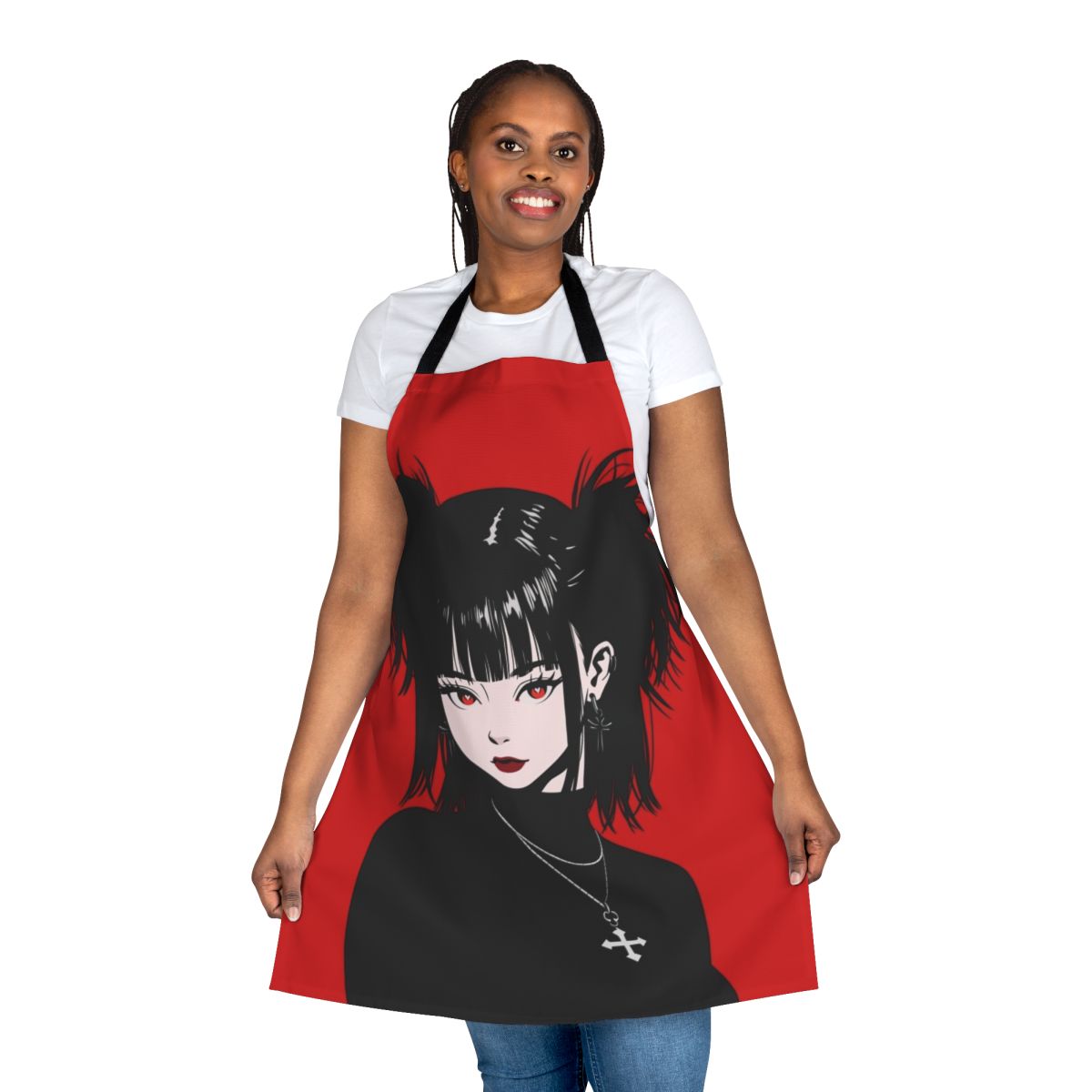 Fashionable black apron with anime-style gothic design