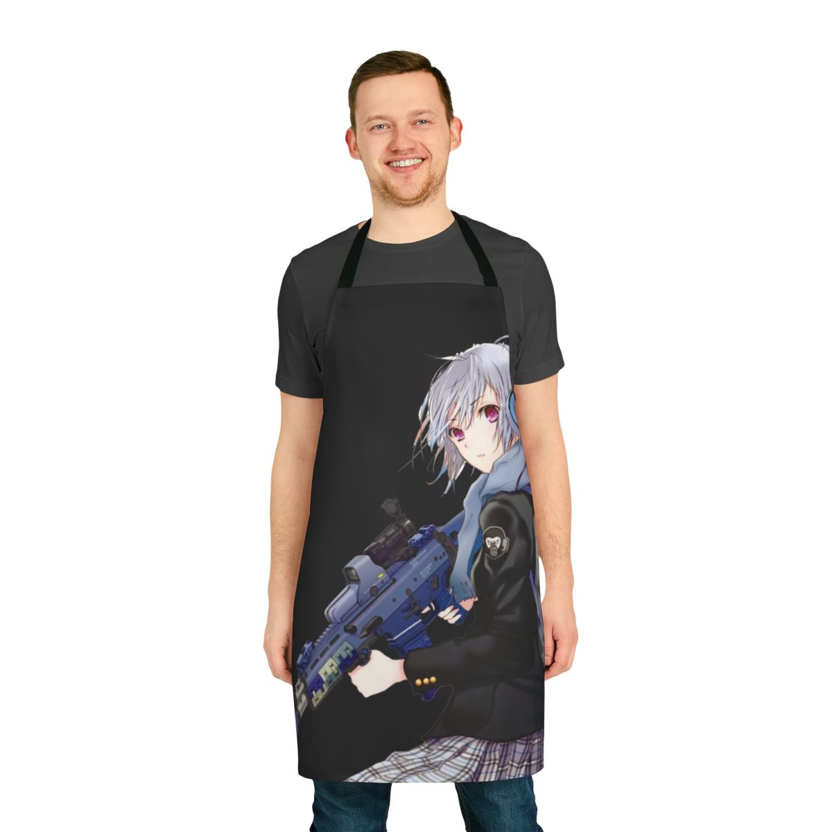 Unisex anime-style apron with cute girl and gun design