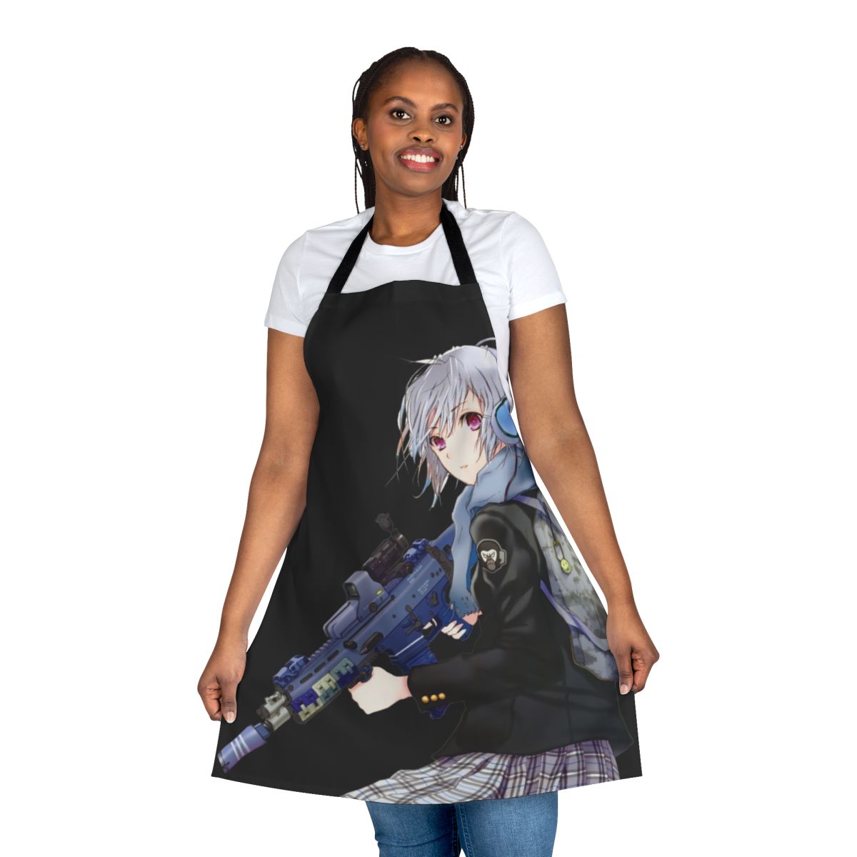 Unisex anime-style apron with cute girl and gun design