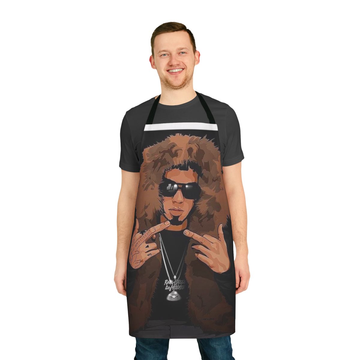 Colorful, vibrant apron design inspired by reggaeton artist Anuel AA