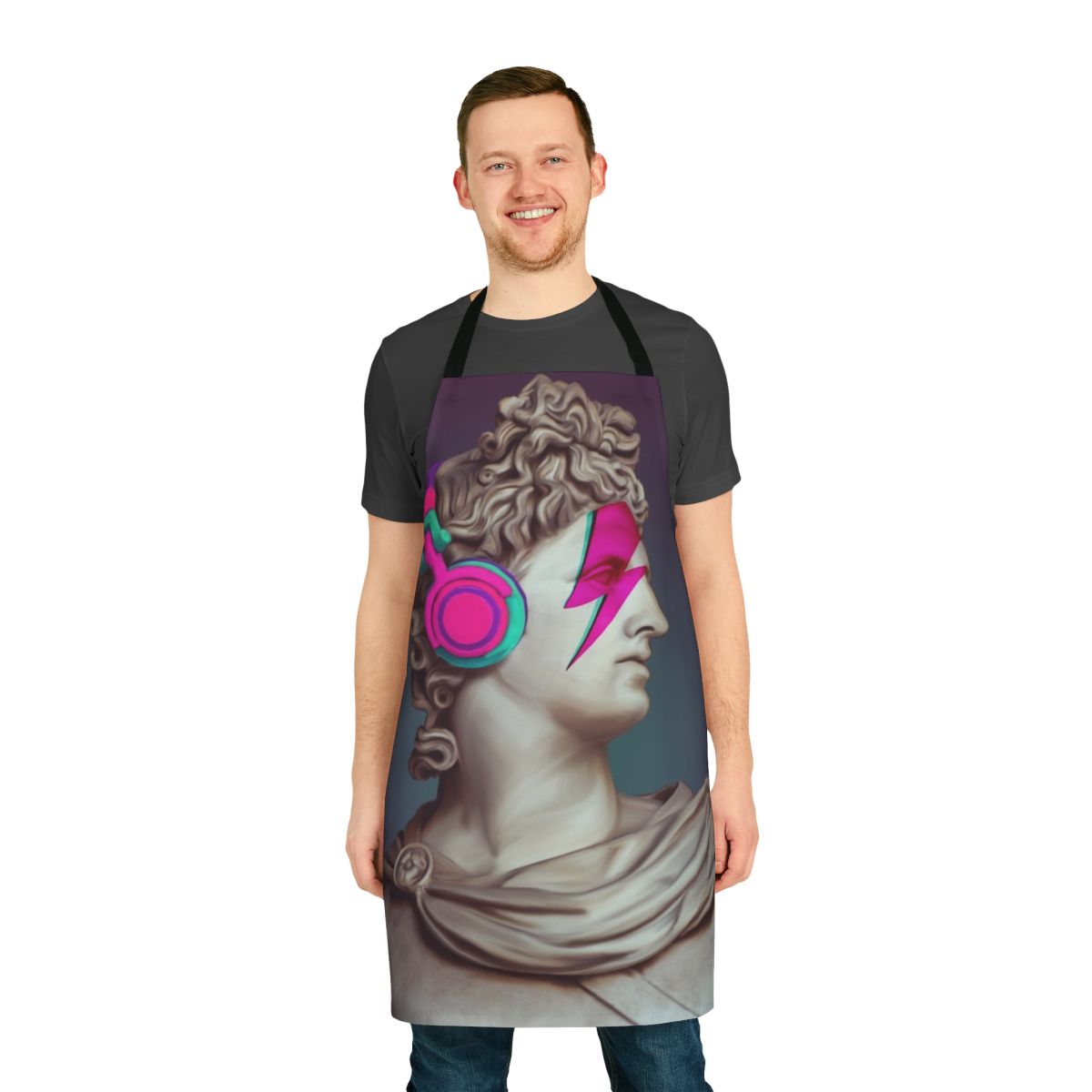 Apron featuring a lightning bolt design inspired by the Greek god Apollo and musician David Bowie
