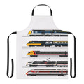 Apron with illustrations of various British high-speed train models, including the Intercity 125, Class 43, and Azuma.